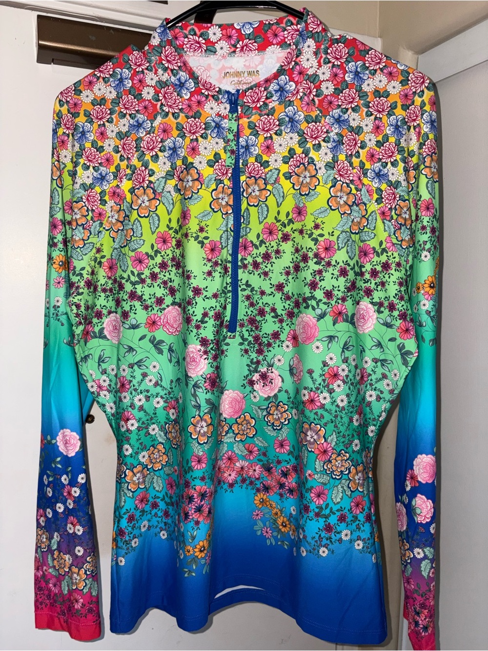 Johnny Was Swimwear Surf Shirt Comfort Rash Guard Floral Blue Multi Top Size 2XL